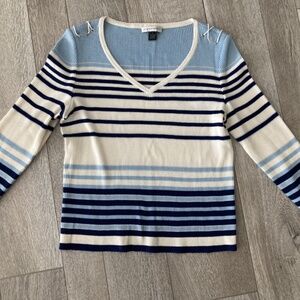 St. John Sport Women’s Med Striped V-Neck Sweater 3/4 Sleeve Nautical Blue EUC